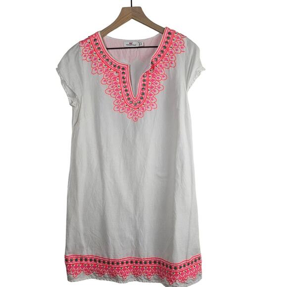 Vineyard Vines Island Embroidered Linen‎ Mini Dress Tunic 8 White Neon Pink - Picture 1 of 9